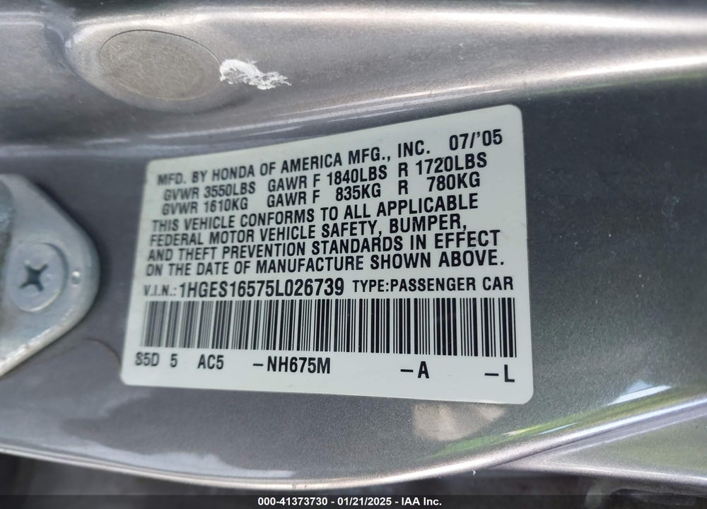 2005 HONDA CIVIC LX VIN: 1HGES16575L026739