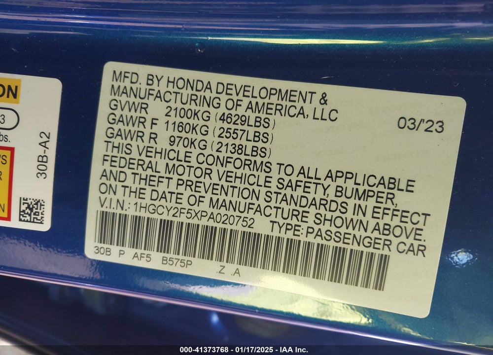 2023 HONDA ACCORD VIN: 1HGCY2F5XPA020752