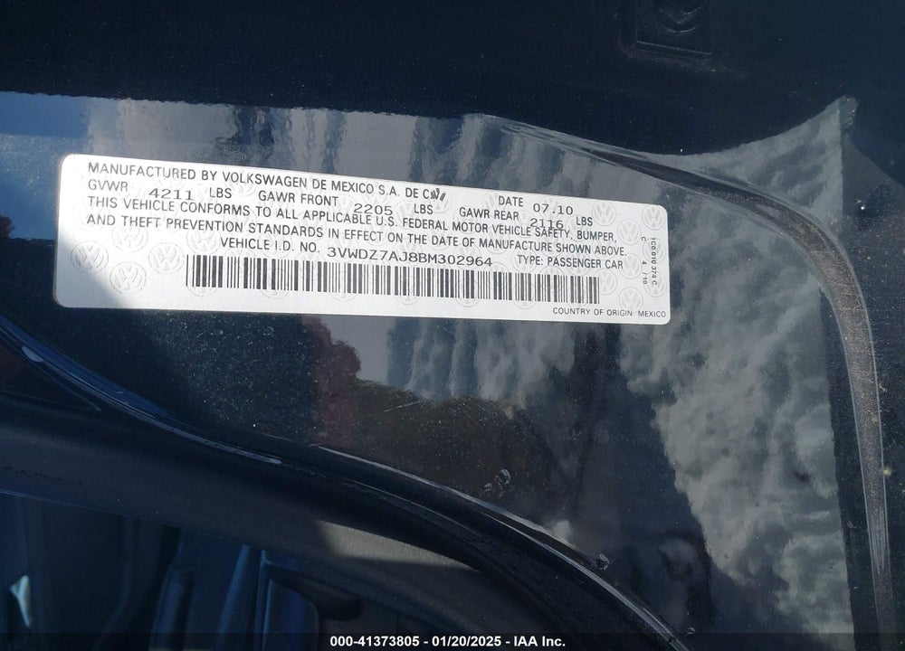 2011 VOLKSWAGEN JETTA VIN: 3VWDZ7AJ8BM302964