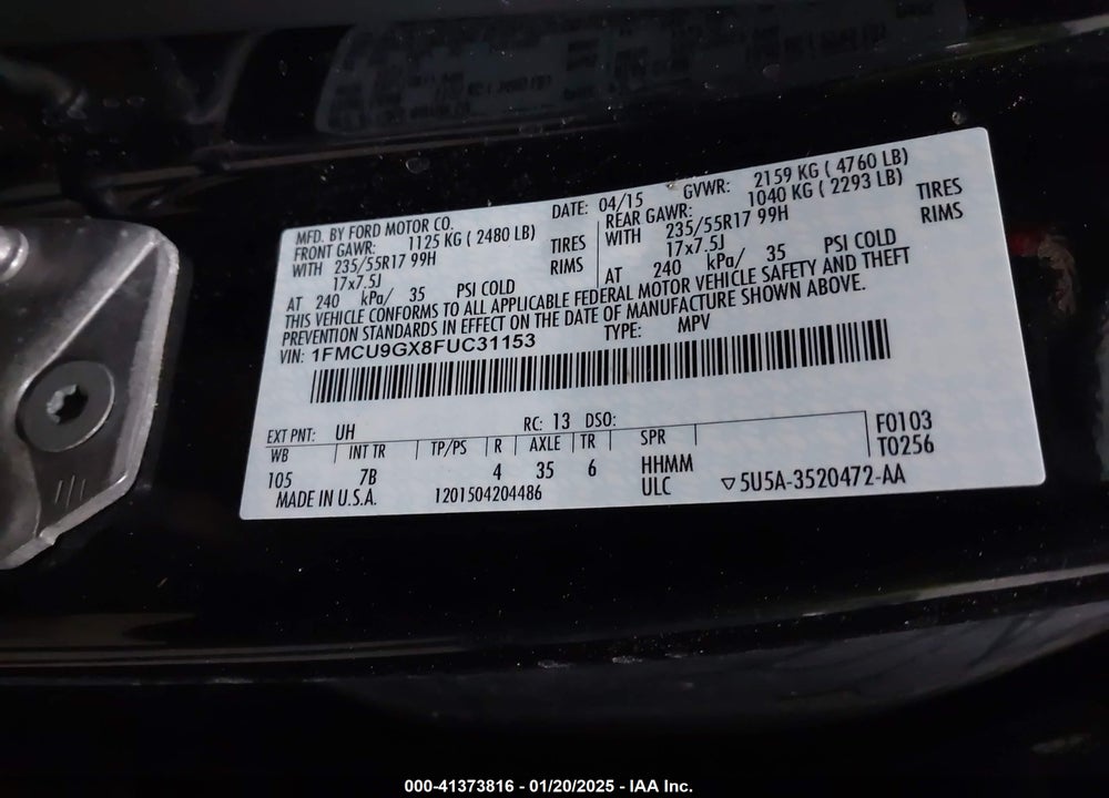 2015 FORD ESCAPE SE VIN: 1FMCU9GX8FUC31153