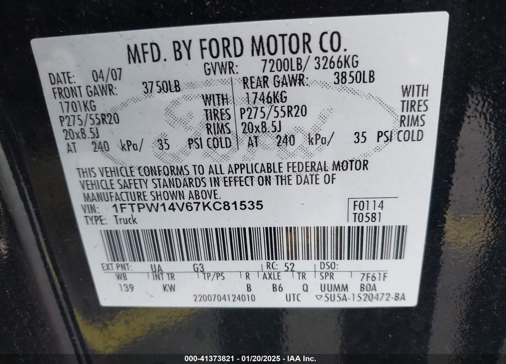 2007 FORD F-150 VIN: 1FTPW14V67KC81535