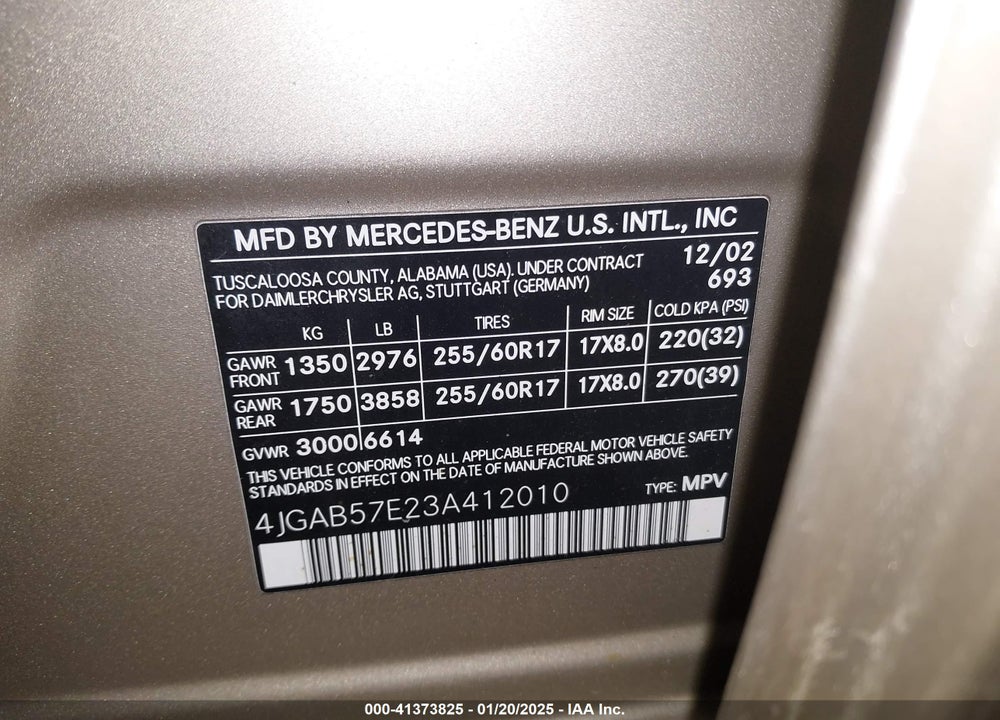 2003 MERCEDES-BENZ ML 350 VIN: 4JGAB57E23A412010