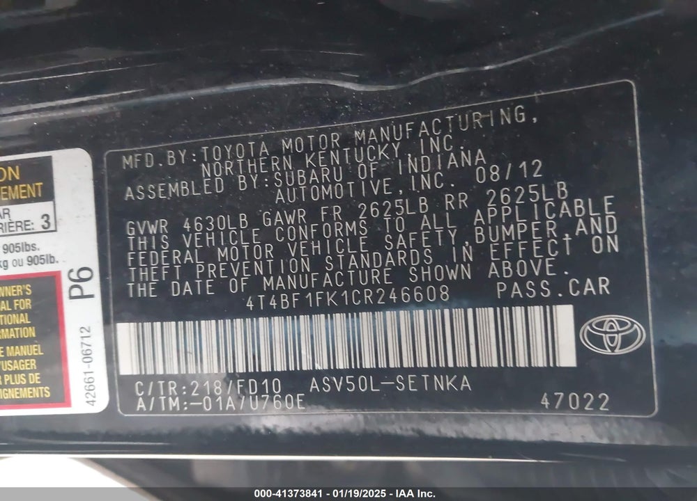 2012 TOYOTA CAMRY LE VIN: 4T4BF1FK1CR246608