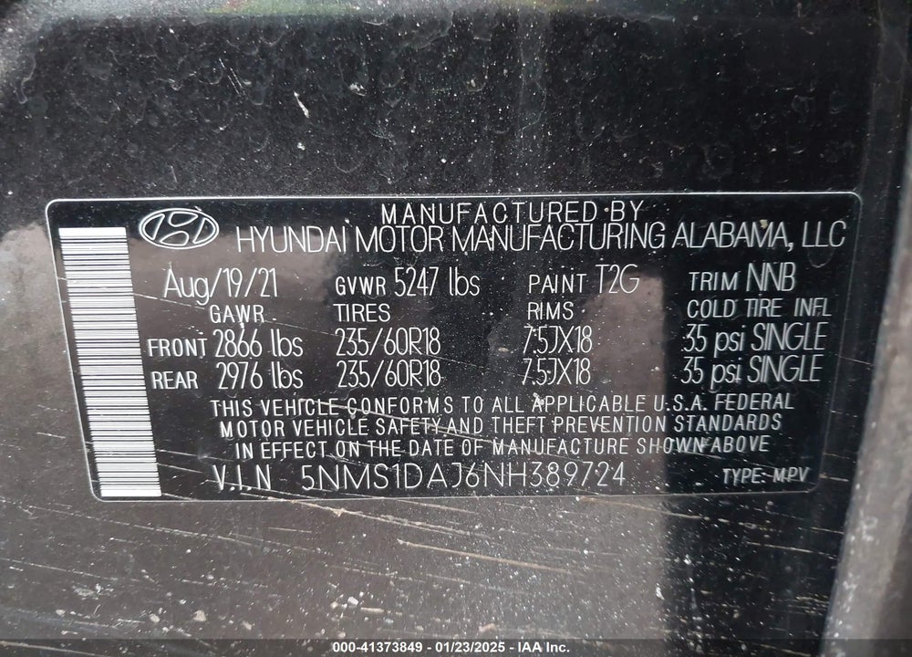 2022 HYUNDAI SANTA FE SE VIN: 5NMS1DAJ6NH389724