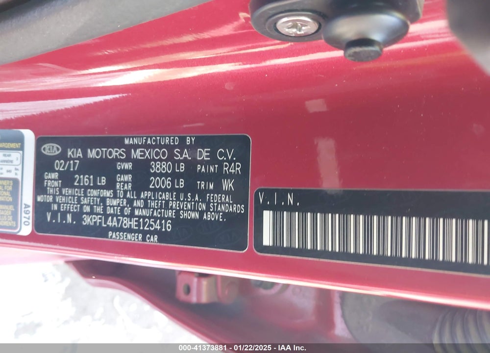 2017 KIA FORTE S VIN: 3KPFL4A78HE125416