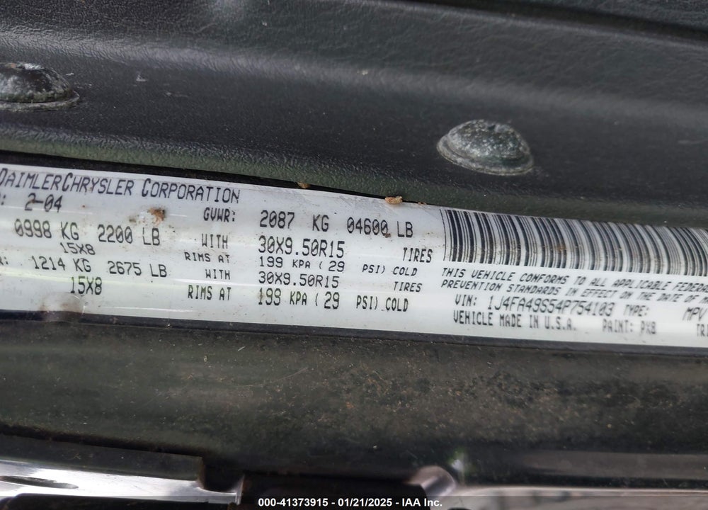 2004 JEEP WRANGLER UNLIMITED VIN: 1J4FA49S54P754103