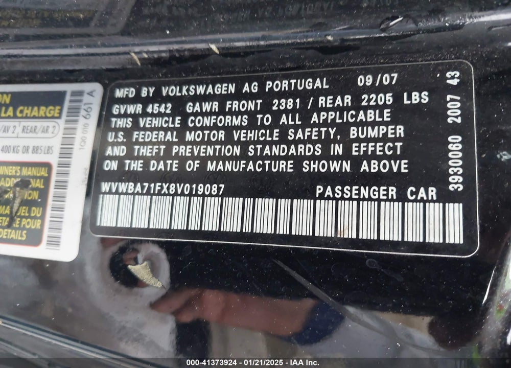 2008 VOLKSWAGEN EOS VIN: WVWBA71FX8V019087