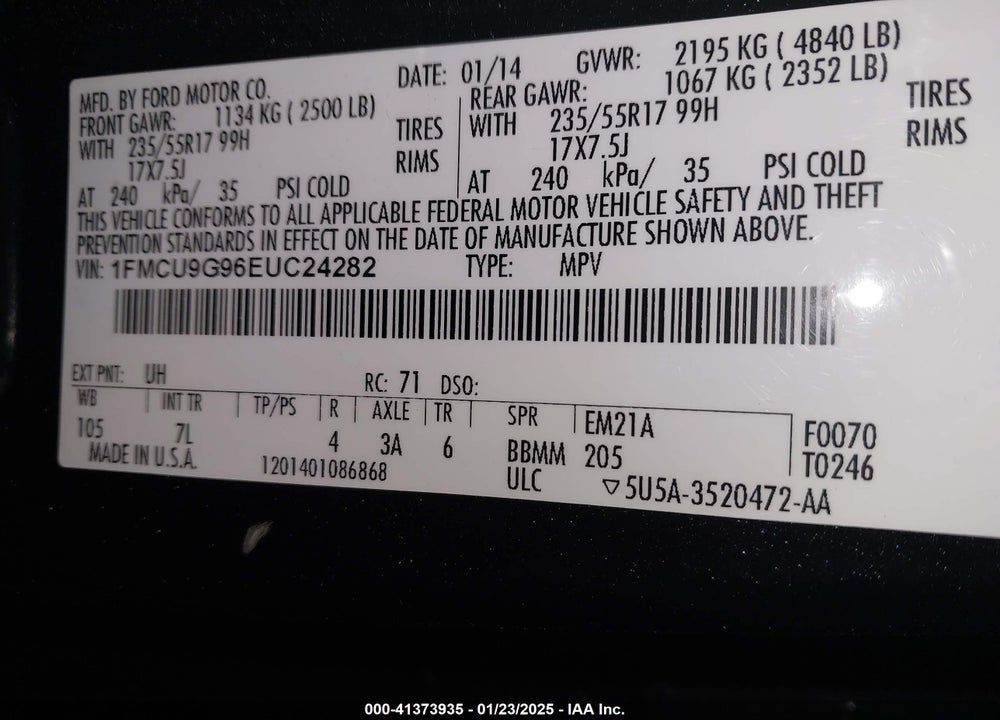 2014 FORD ESCAPE SE VIN: 1FMCU9G96EUC24282
