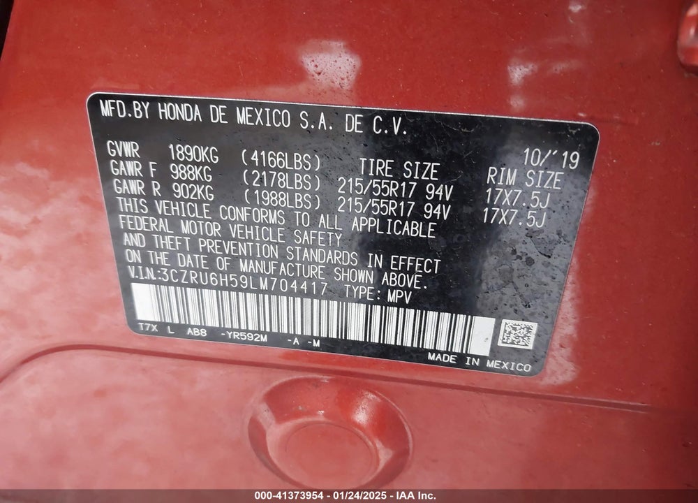 2020 HONDA HR-V AWD EX VIN: 3CZRU6H59LM704417