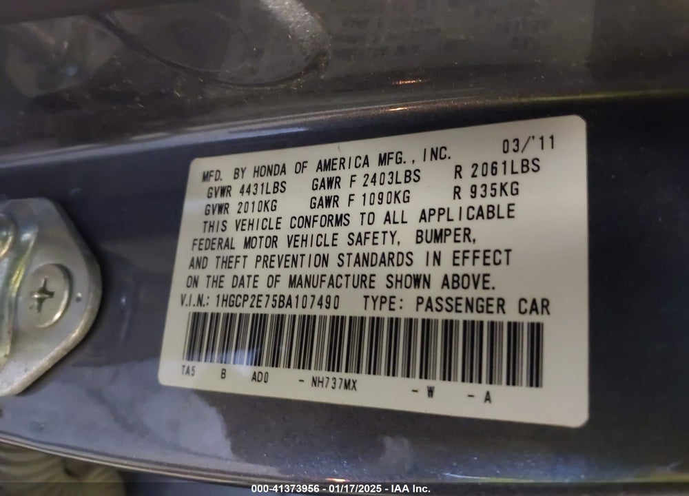2011 HONDA ACCORD 2.4 EX VIN: 1HGCP2E75BA107490