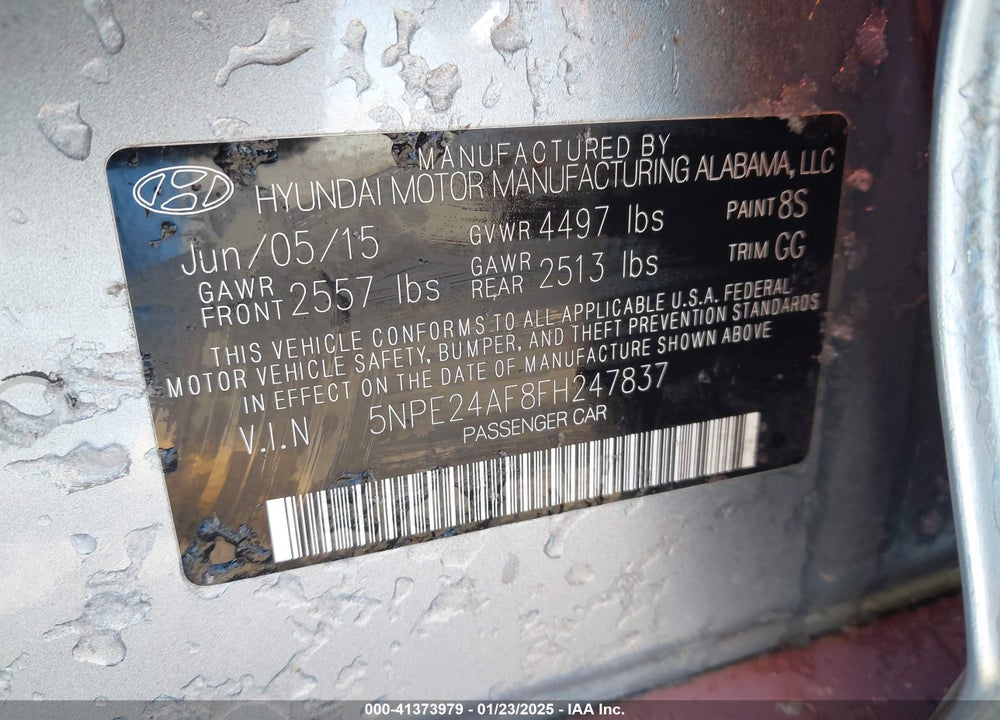 2015 HYUNDAI SONATA SE VIN: 5NPE24AF8FH247837