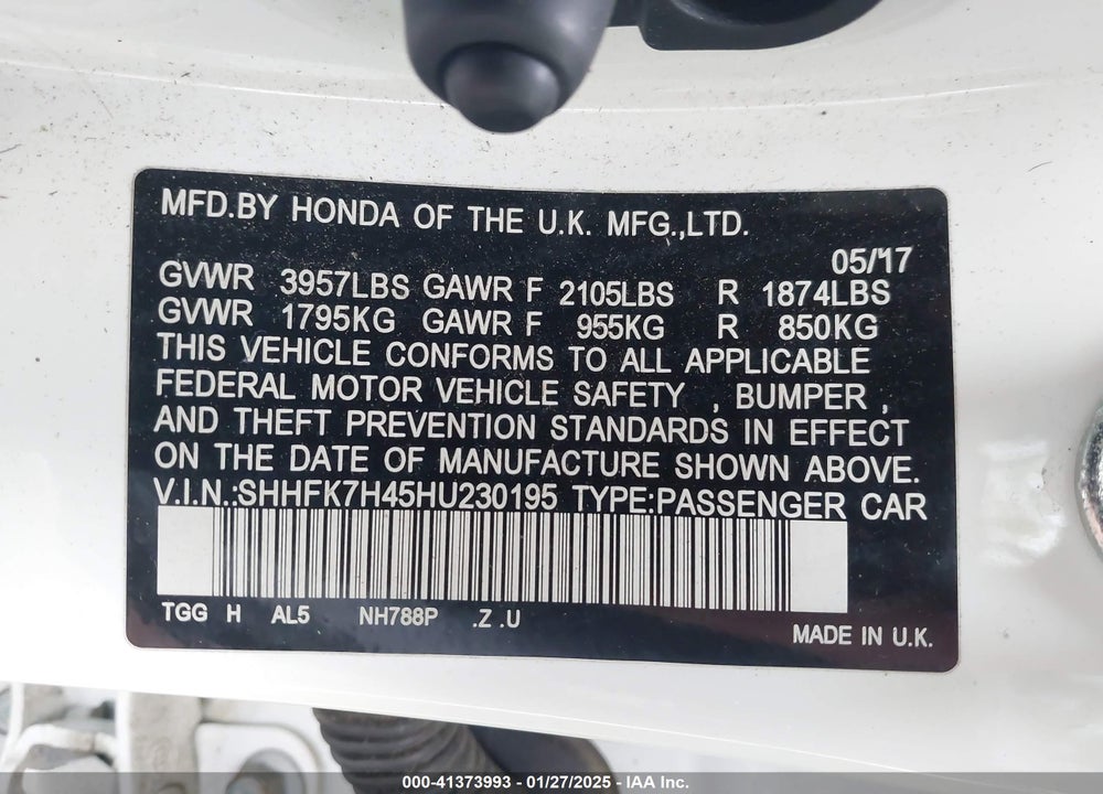 2017 HONDA CIVIC VIN: SHHFK7H45HU230195
