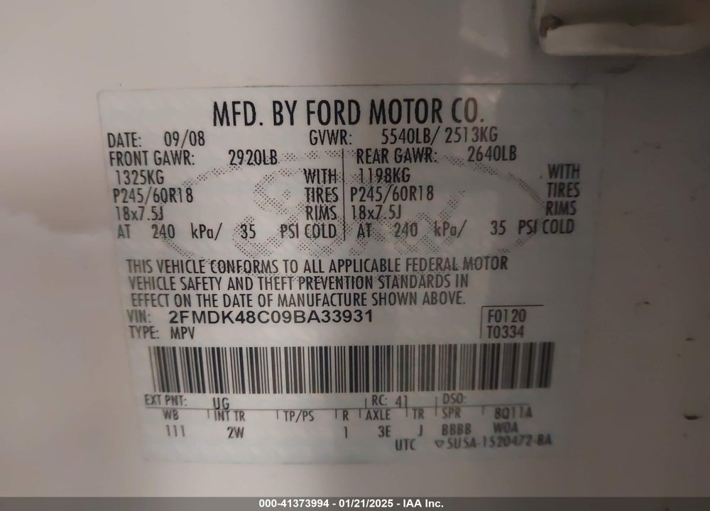 2009 FORD EDGE SEL VIN: 2FMDK48C09BA33931