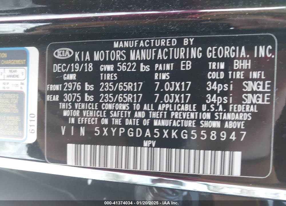 2019 KIA SORENTO 3.3L LX VIN: 5XYPGDA5XKG558947
