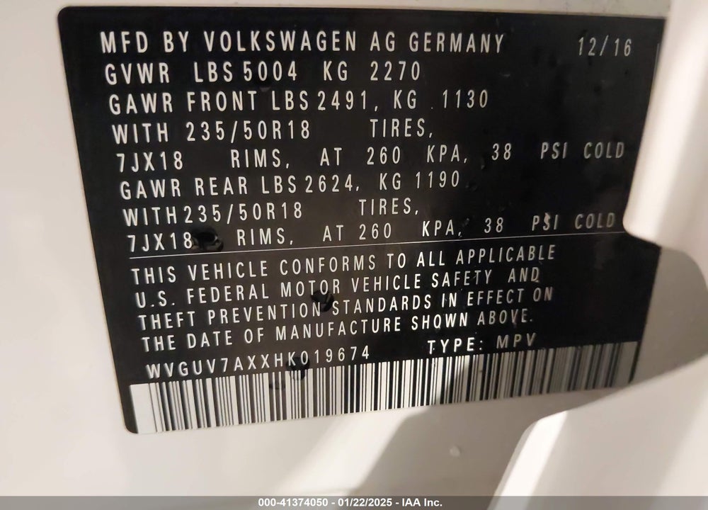 2017 VOLKSWAGEN TIGUAN 2.0T SPORT VIN: WVGUV7AXXHK019674