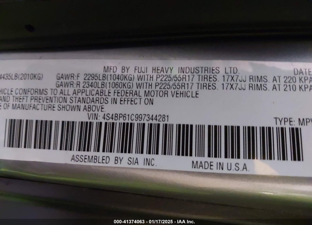 2009 SUBARU OUTBACK VIN: 4S4BP61C997344281