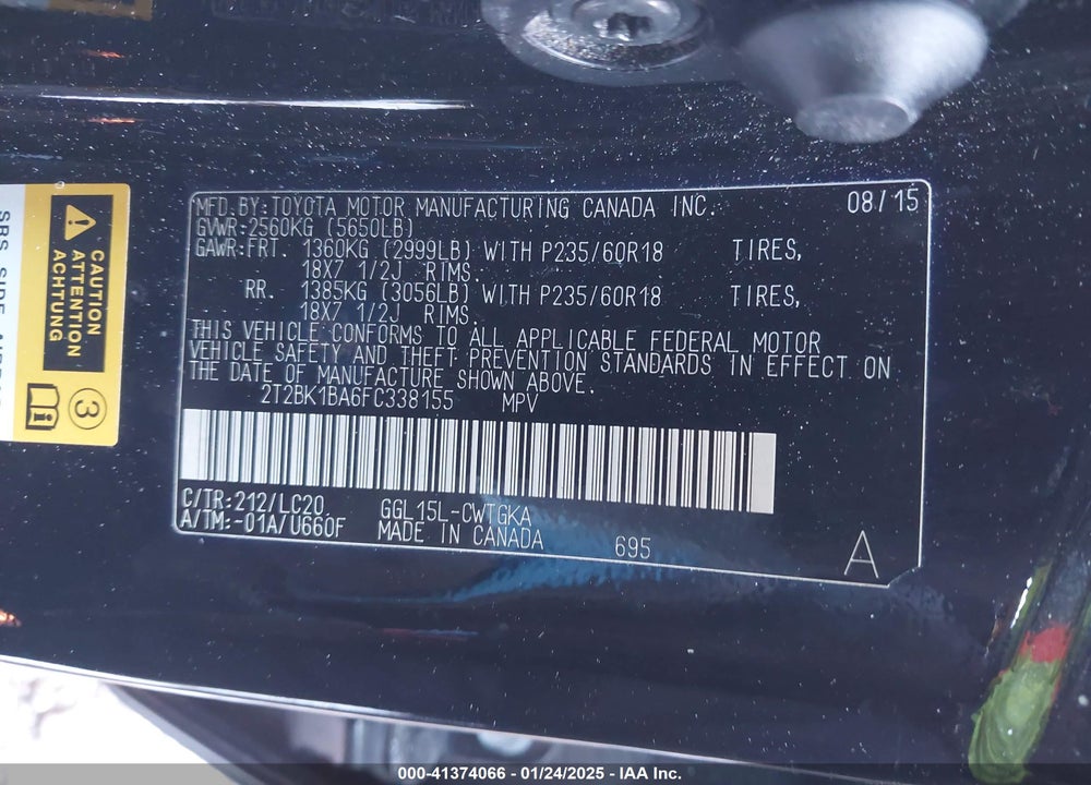 2015 LEXUS RX 350 VIN: 2T2BK1BA6FC338155