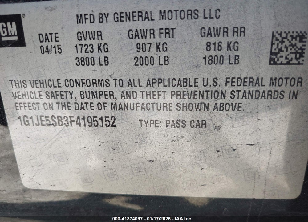 2015 CHEVROLET SONIC VIN: 1G1JE5SB3F4195152