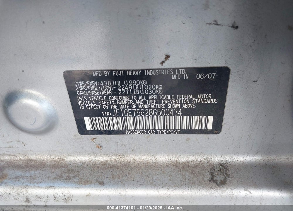 2008 SUBARU IMPREZA VIN: JF1GE75628G500434