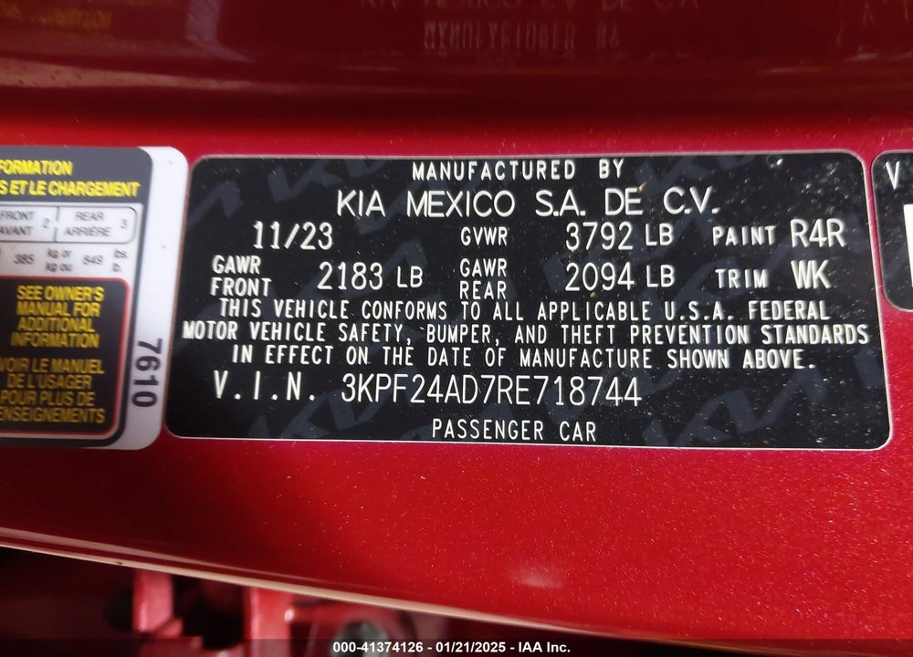 2024 KIA FORTE VIN: 3KPF24AD7RE718744