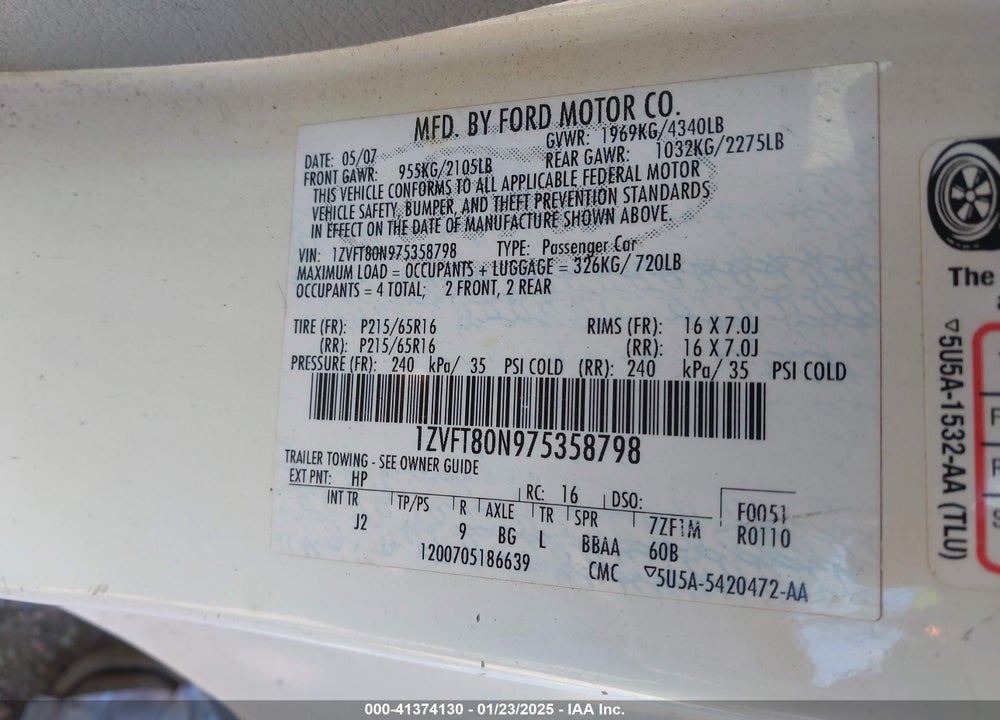 2007 FORD MUSTANG V6 DELUXE/V6 PREMIUM VIN: 1ZVFT80N975358798