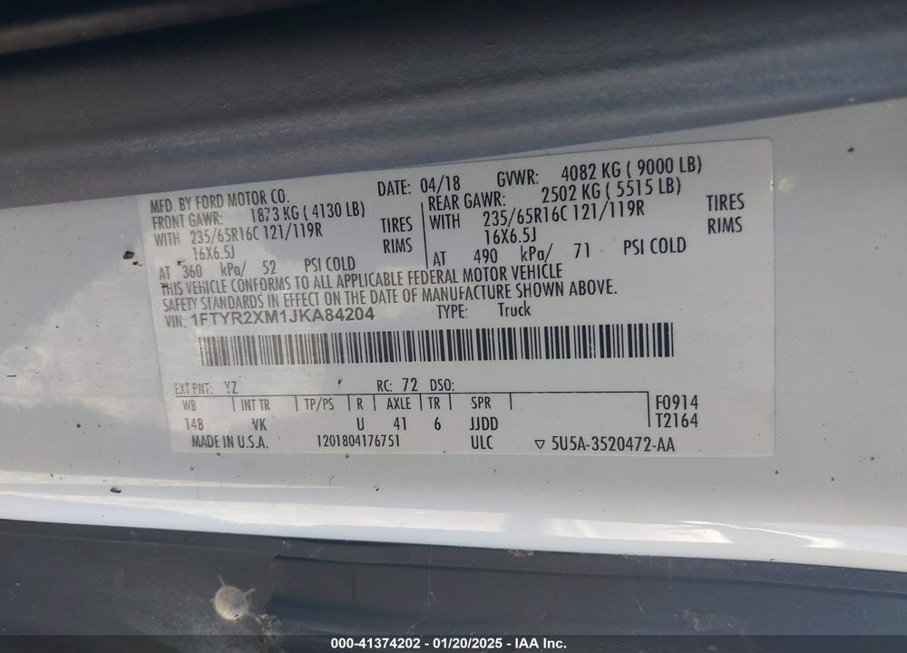 2018 FORD TRANSIT-250 VIN: 1FTYR2XM1JKA84204