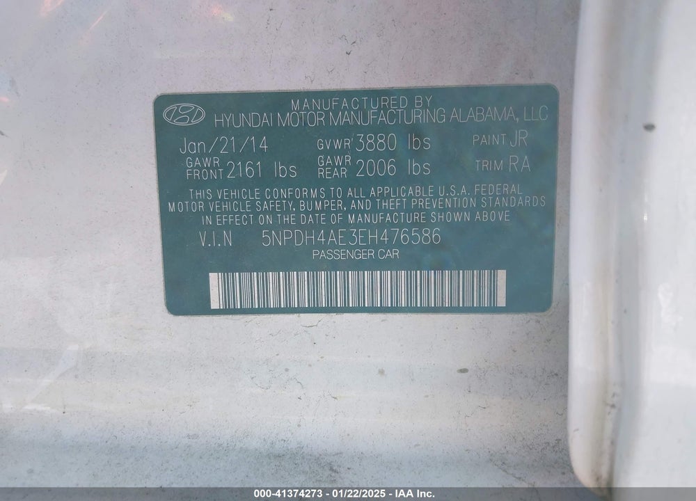 2014 HYUNDAI ELANTRA SE VIN: 5NPDH4AE3EH476586