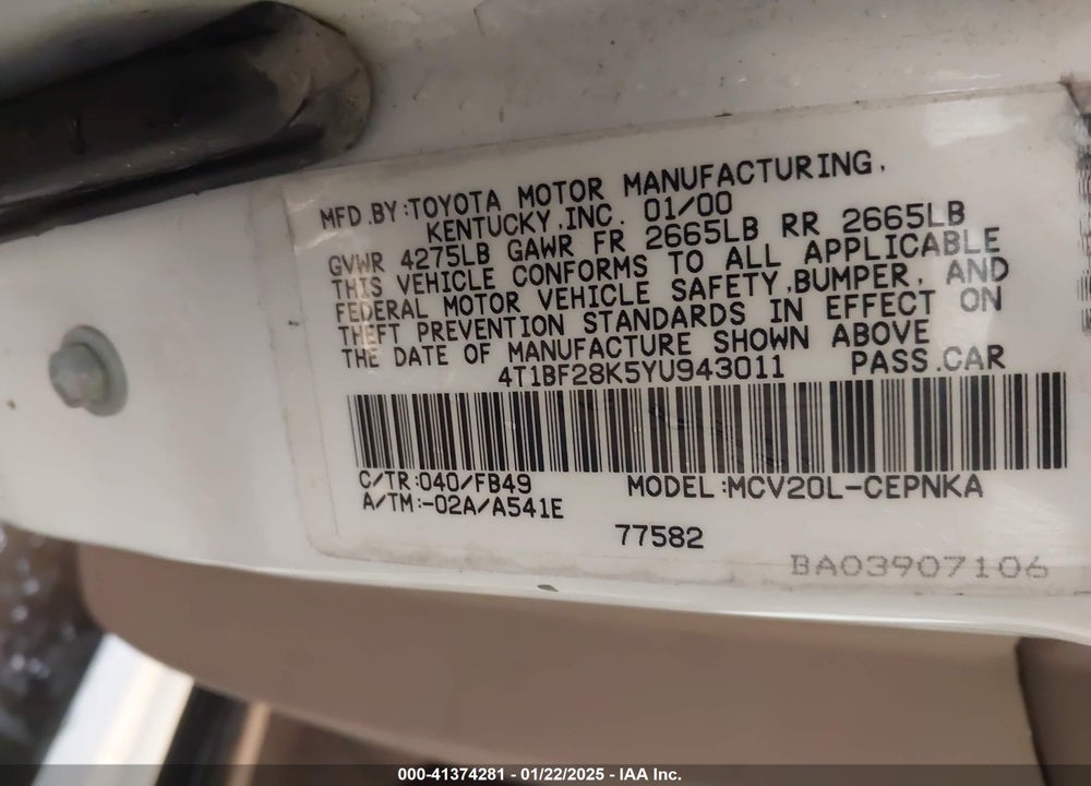 2000 TOYOTA CAMRY LE V6 VIN: 4T1BF28K5YU943011