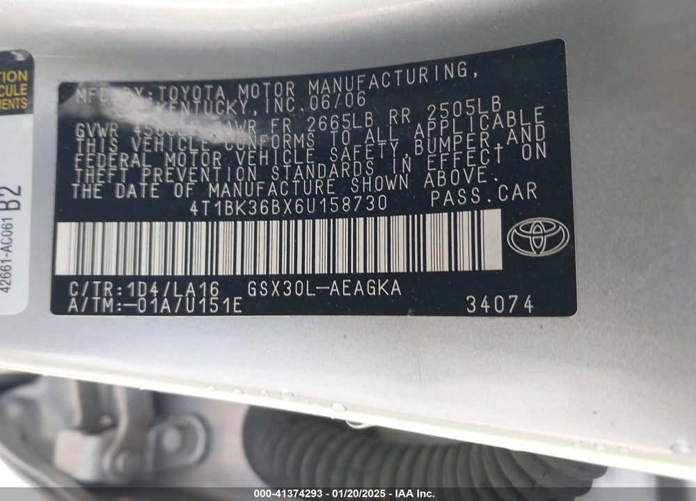 2006 TOYOTA AVALON VIN: 4T1BK36BX6U158730