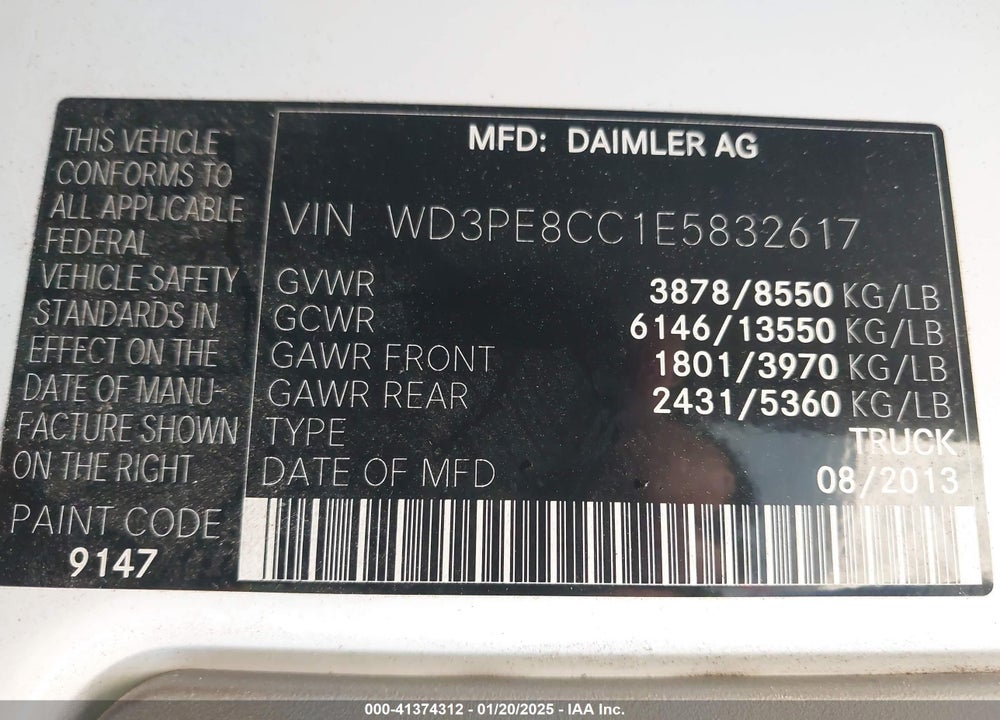 2014 MERCEDES-BENZ SPRINTER 2500 HIGH ROOF VIN: WD3PE8CC1E5832617