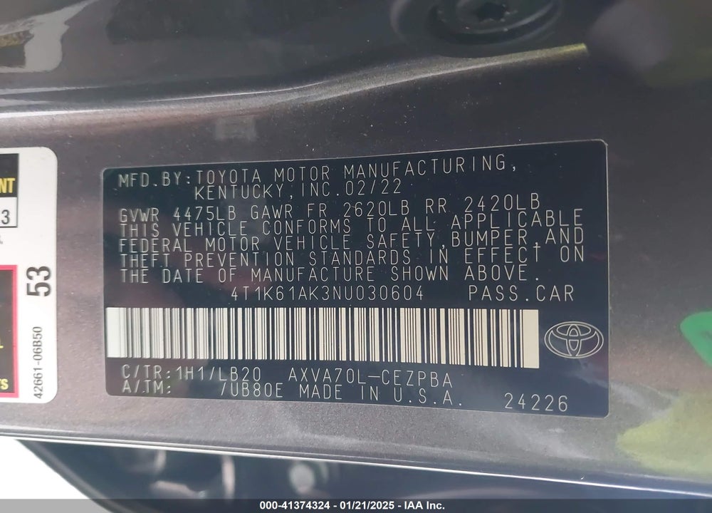2022 TOYOTA CAMRY XSE VIN: 4T1K61AK3NU030604