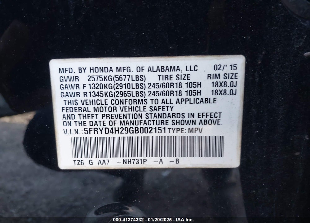 2016 ACURA MDX VIN: 5FRYD4H29GB002151