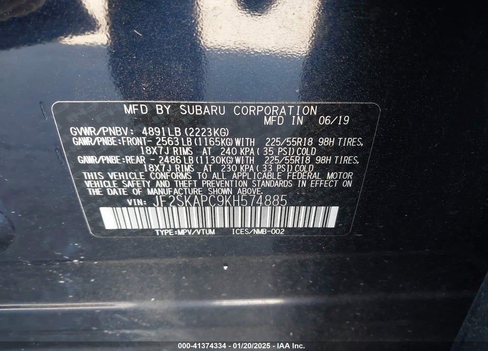 2019 SUBARU FORESTER SPORT VIN: JF2SKAPC9KH574885