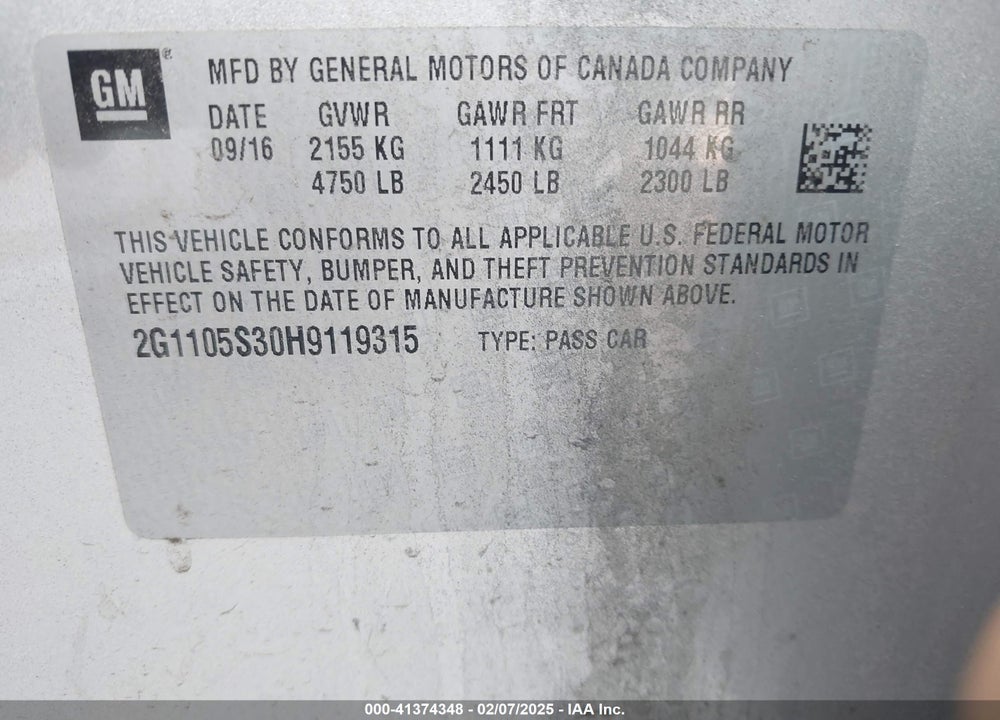 2017 CHEVROLET IMPALA VIN: 2G1105S30H9119315