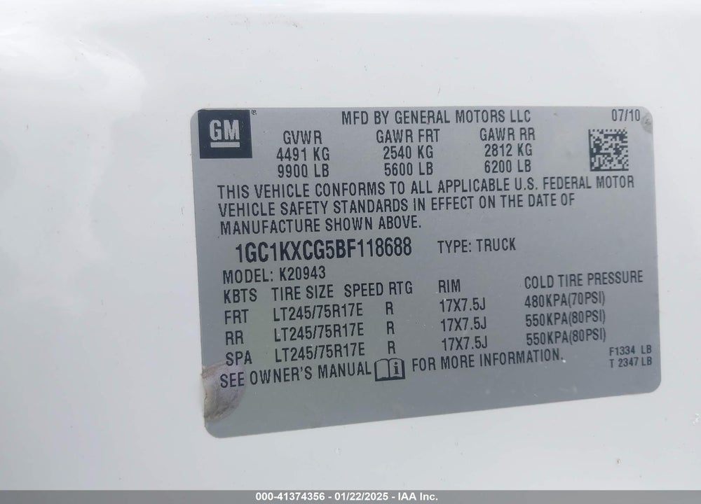 2011 CHEVROLET SILVERADO 2500HD VIN: 1GC1KXCG5BF118688