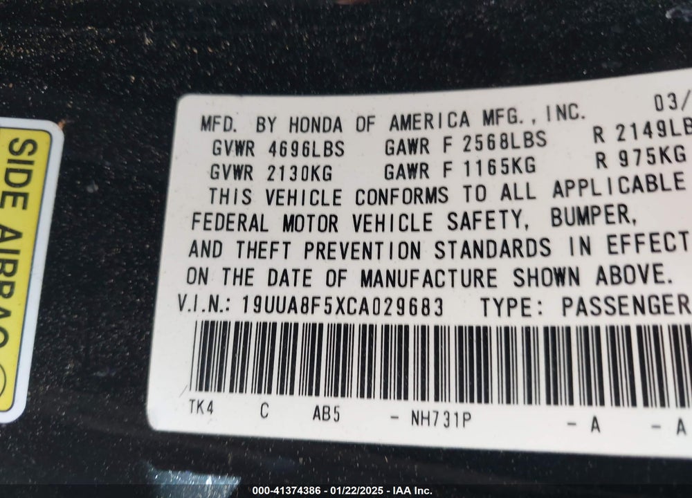 2012 ACURA TL VIN: 19UUA8F5XCA029683