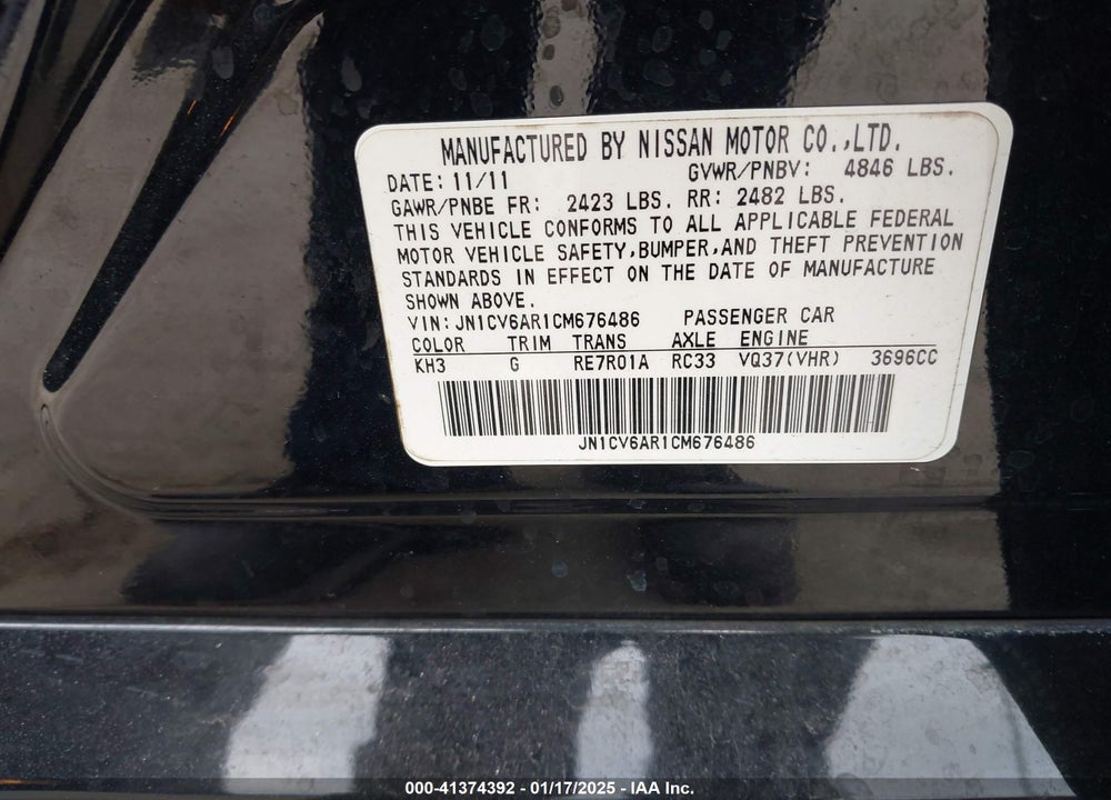 2012 INFINITI G37 X VIN: JN1CV6AR1CM676486