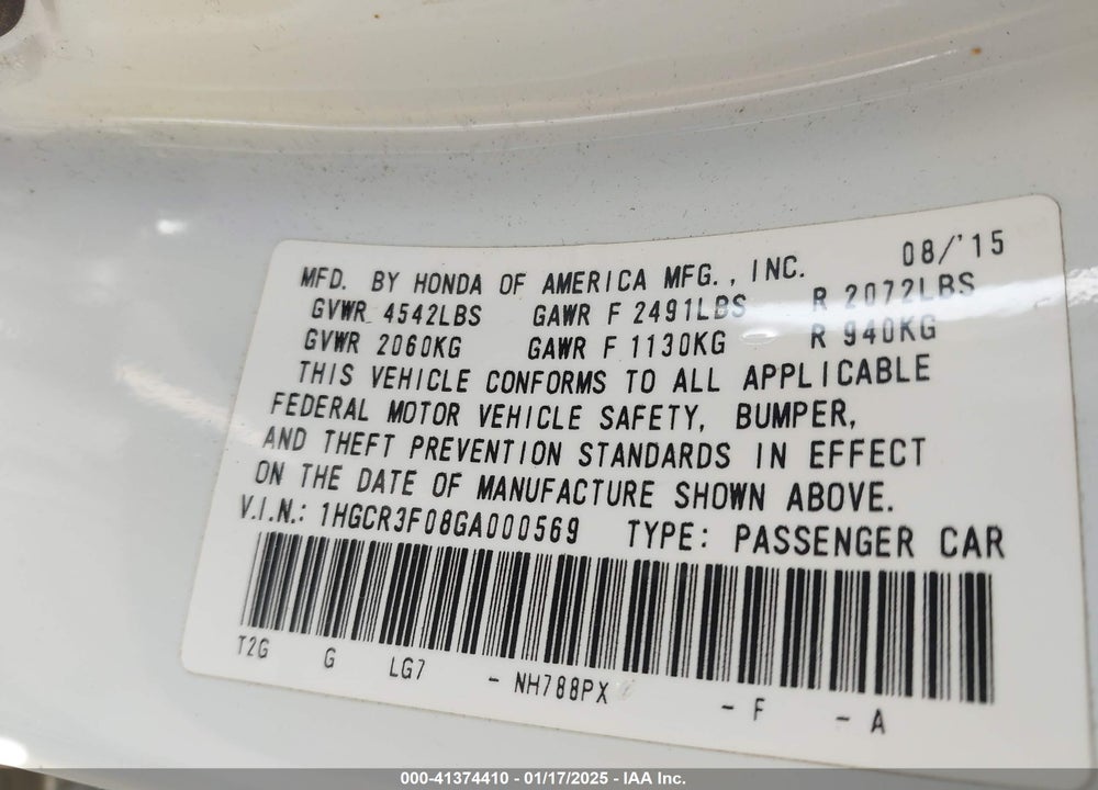 2016 HONDA ACCORD EX-L V-6 VIN: 1HGCR3F08GA000569