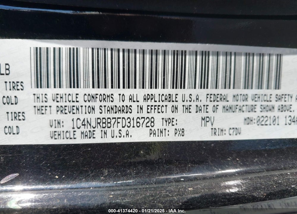 2015 JEEP PATRIOT SPORT VIN: 1C4NJRBB7FD316728