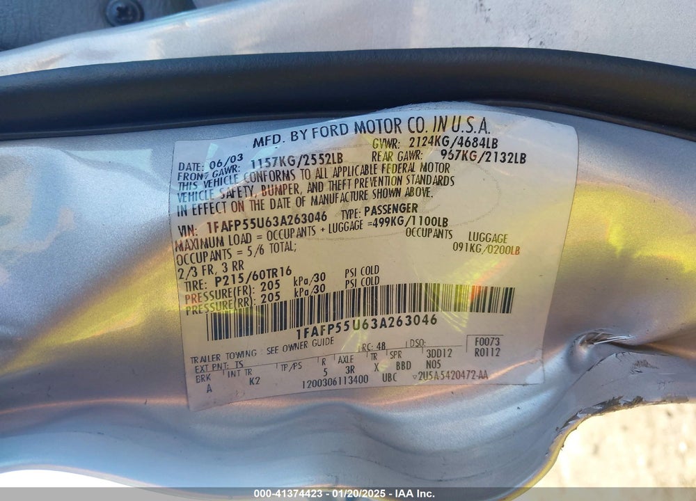 2003 FORD TAURUS SES VIN: 1FAFP55U63A263046