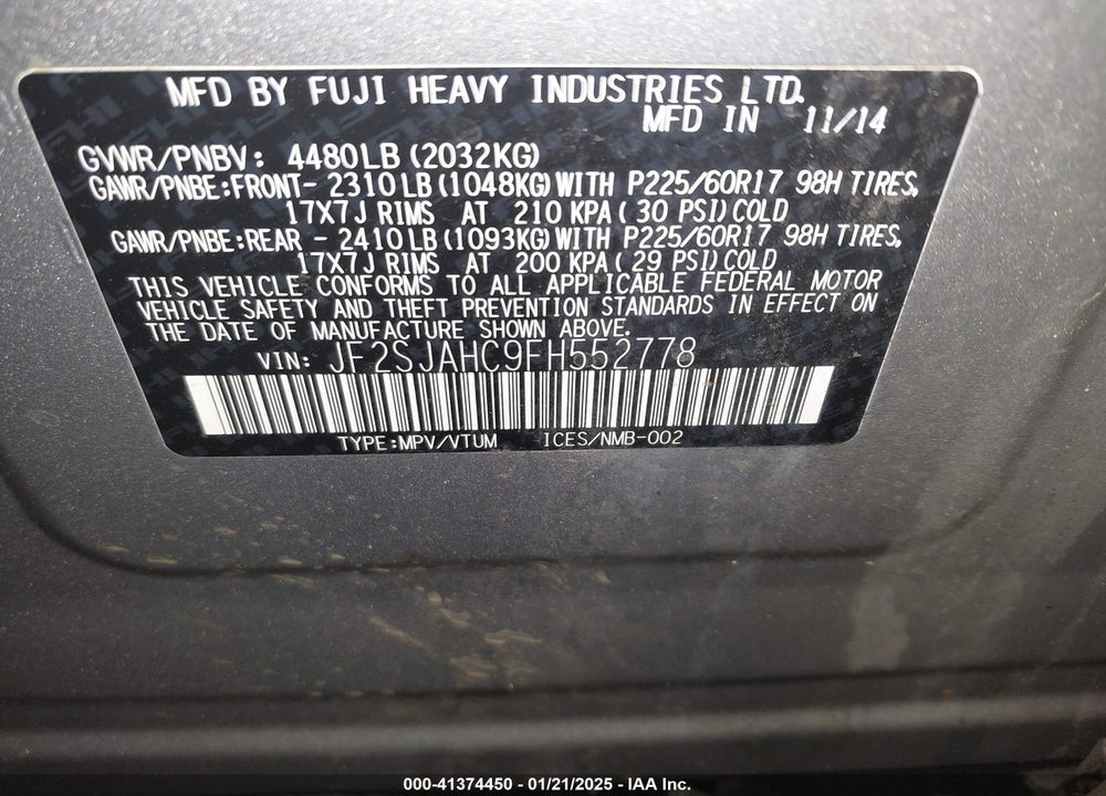 2015 SUBARU FORESTER 2.5I LIMITED VIN: JF2SJAHC9FH552778