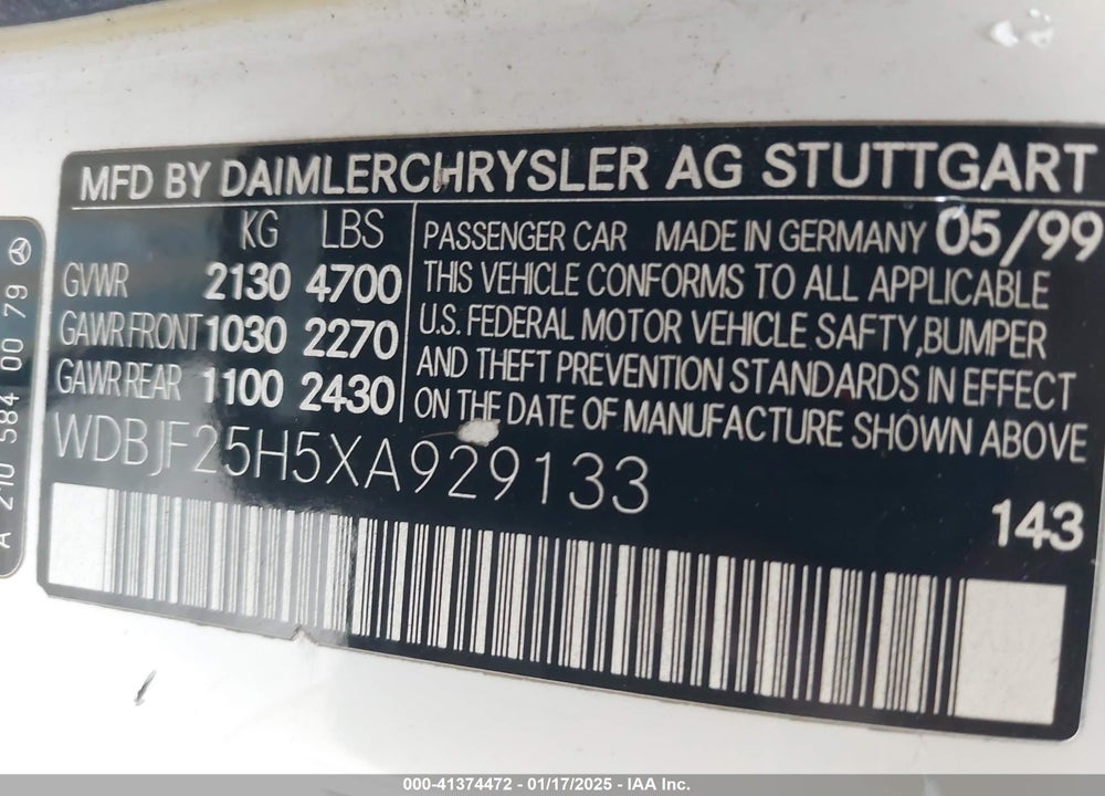 1999 MERCEDES-BENZ E 300 DIESEL VIN: WDBJF25H5XA929133