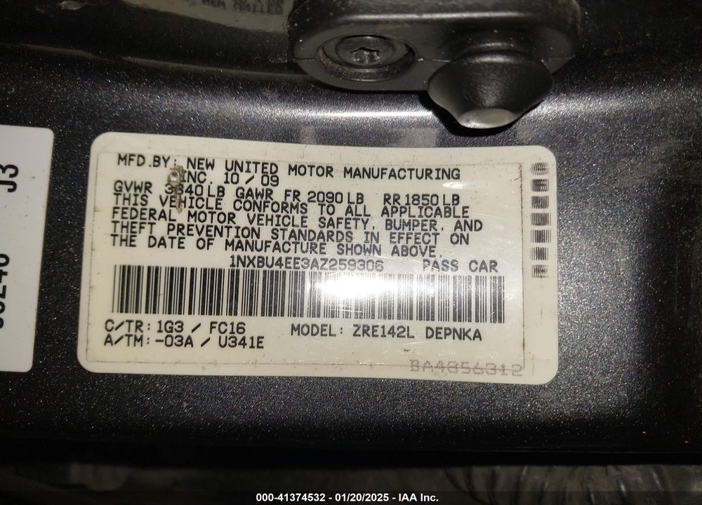 2010 TOYOTA COROLLA VIN: 1NXBU4EE3AZ259306
