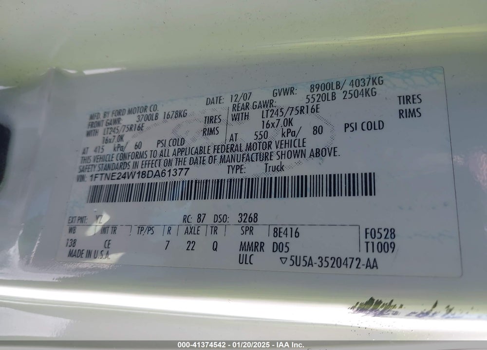 2008 FORD E-250 VIN: 1FTNE24W18DA61377