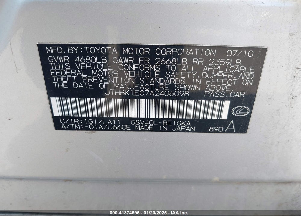 2010 LEXUS ES 350 BASE (A6) VIN: JTHBK1EG7A2406098