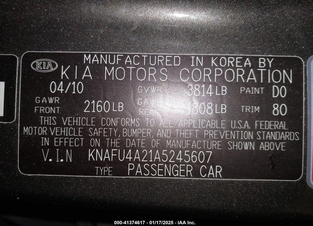 2010 KIA FORTE EX VIN: KNAFU4A21A5245607