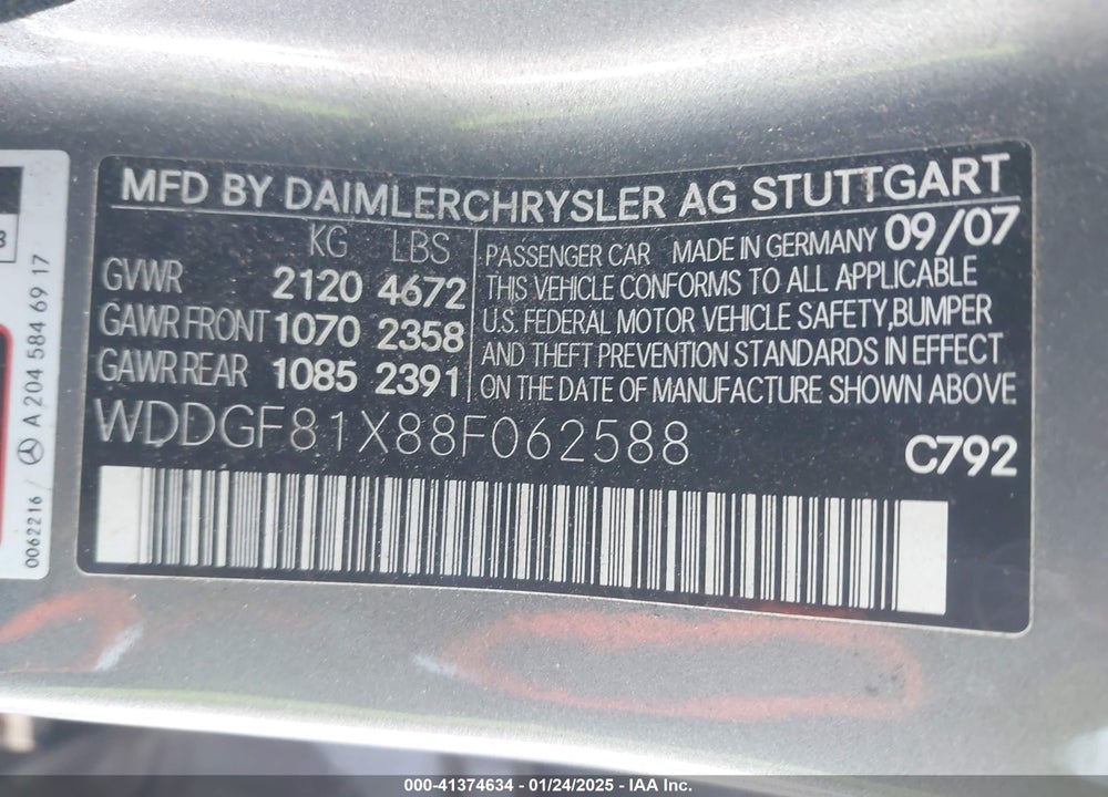 2008 MERCEDES-BENZ C CLASS VIN: WDDGF81X88F062588