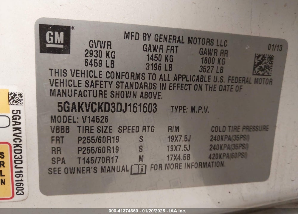 2013 BUICK ENCLAVE LEATHER VIN: 5GAKVCKD3DJ161603