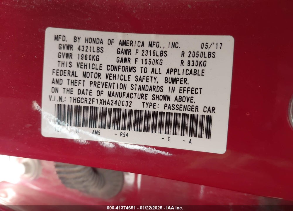 2017 HONDA ACCORD VIN: 1HGCR2F1XHA240002