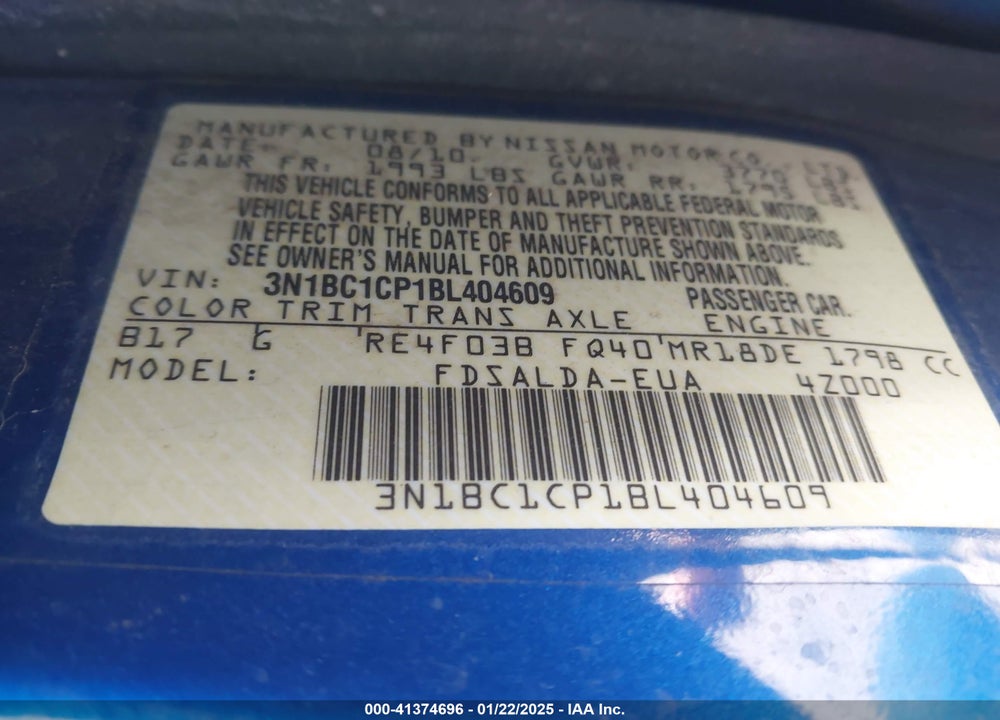 2011 NISSAN VERSA VIN: 3N1BC1CP1BL404609